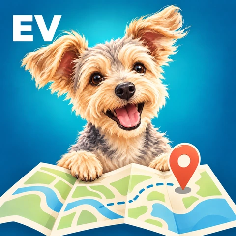 Chip the dog planning an EV road trip over a map